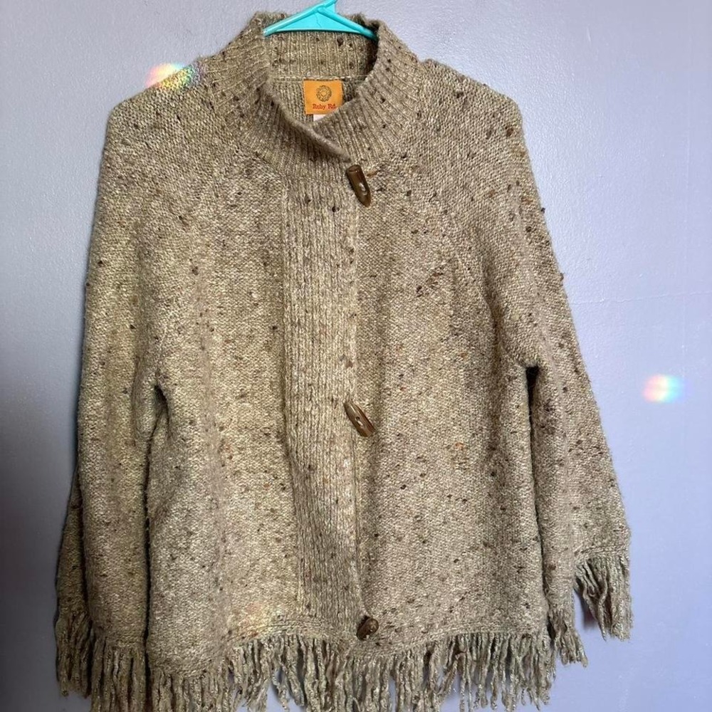 Ruby Rd. Brown Sweater Poncho-style with Fringe and Toggle Buttons Size M EUC